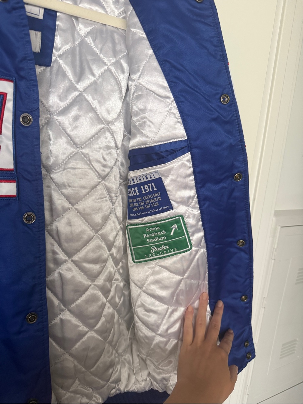 STARTER Blue Giants Satin Bomber Jacket with Red & White Trim - Picture 6 of 7